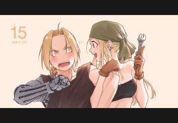 Rule 34 | 1boy, 1girl, arm grab, bandana, bare shoulders, black shirt, blonde hair, blouse, blue eyes, blush, breasts, brown gloves, earrings, edward elric, english text, frown, fullmetal alchemist, gloves, green bandana, green headwear, hanayama (inunekokawaii), hetero, highres, holding, holding wrench, jewelry, letterboxed, long hair, looking at another, mechanical arms, medium breasts, motion lines, open mouth, parted bangs, ponytail, shirt, single mechanical arm, smile, strapless, sweatdrop, tank top, tube top, v-shaped eyebrows, winry rockbell, wrench, yellow eyes