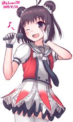 Rule 34 | 1girl, absurdres, antenna hair, black neckerchief, brown eyes, brown hair, commentary request, cowboy shot, dated, double bun, eighth noted, gloves, hair bun, hand on own face, highres, kantai collection, looking at viewer, microphone, naka (kancolle), naka kai ni (kancolle), neckerchief, one-hour drawing challenge, one eye closed, puffy short sleeves, puffy sleeves, school uniform, serafuku, short sleeves, simple background, skirt, solo, standing, thighhighs, tiemu (man190), twitter username, white background, white gloves, white skirt, white thighhighs