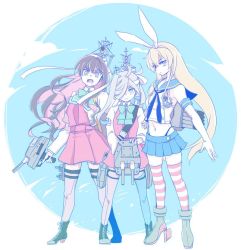 Rule 34 | 3girls, anchor, aqua bow, aqua bowtie, arm grab, asashimo (kancolle), black hair, black neckwear, blonde hair, blue eyes, blue sailor collar, blue skirt, blue sky, boots, bow, bowtie, breasts, closed mouth, collared shirt, cross-laced footwear, dress, elbow gloves, fangs, frown, full body, girl sandwich, gloves, grey eyes, grey hair, gun, hachimaki, hair between eyes, hair over one eye, hairband, halterneck, hand on another&#039;s arm, headband, hiro (srso4 ), holding, holding weapon, kantai collection, lace-up boots, long hair, long sleeves, looking at viewer, machinery, miniskirt, multicolored hair, multiple girls, naganami (kancolle), neckerchief, open mouth, pantyhose, pink hair, pleated skirt, ponytail, remodel (kantai collection), rigging, rudder footwear, sailor collar, sandwiched, school uniform, serafuku, shimakaze (kancolle), shirt, skirt, sky, sleeveless, sleeveless dress, strap, striped clothes, striped legwear, striped thighhighs, teeth, thighhighs, torpedo tubes, turret, two-tone hair, v-shaped eyebrows, wavy hair, weapon, white gloves, white hairband, white headband, white shirt