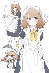 Rule 34 | 1girl, :/, absurdres, apron, arms behind back, blush, brown hair, chibi, closed mouth, highres, idolmaster, idolmaster million live!, maid, maid apron, maid headdress, meeeeeeco359, mop, purple eyes, short hair, simple background, sketch, solo, suou momoko, translation request, white background