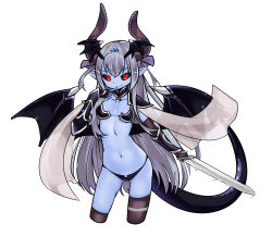 Rule 34 | &gt;:), 1girl, armor, asymmetrical horns, asymmetrical legwear, bikini armor, black sclera, blue skin, breasts, brown gloves, brown thighhighs, collarbone, colored sclera, colored skin, contrapposto, cosplay, cowfee, cropped legs, crossover, demon girl, demon horns, demon tail, demon wings, devil (monster girl encyclopedia), elbow gloves, elizabeth bathory (brave) (fate) (cosplay), fate/grand order, fate (series), finger to mouth, fingerless gloves, gloves, hair ribbon, head wings, highres, horns, jewelry, long hair, looking at viewer, monster girl encyclopedia, monster girl encyclopedia ii, navel, non-web source, pauldrons, petite, pointy ears, red eyes, ribbon, shoulder armor, silver hair, simple background, small breasts, solo, standing, swinging, sword, tail, thighhighs, two side up, uneven horns, uneven legwear, v-shaped eyebrows, vambraces, very long hair, weapon, white background, wings