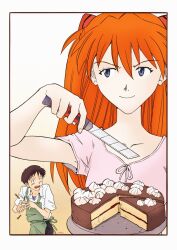 Rule 34 | 1girl, apron, artist request, bare shoulders, birthday, birthday cake, black hair, blue eyes, cake, casual, dress, food, hair ornament, holding, holding food, holding knife, ikari shinji, interface headset, knife, long hair, looking at another, looking to the side, neon genesis evangelion, orange hair, progressive knife, shirt, short hair, simple background, souryuu asuka langley, sundress, two side up, very long hair, white shirt