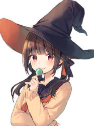 Rule 34 | &gt;:), 1girl, black bow, black hat, black sailor collar, blush, bow, brown hair, brown sweater, candy, closed mouth, commentary request, fang, fang out, food, hair bow, hat, holding, holding candy, holding food, holding lollipop, lollipop, long hair, long sleeves, looking at viewer, low twintails, midorikawa you, original, red eyes, red neckwear, sailor collar, sidelocks, simple background, sleeves past wrists, smile, solo, sweater, twintails, upper body, v-shaped eyebrows, white background, witch hat