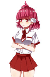 Rule 34 | 1girl, ahoge, blush, breasts, cowboy shot, crossed arms, enki (dragonfire), flower, freckles, frown, hair flower, hair ornament, hairpin, highres, hina (naso4), necktie, original, pink eyes, pink hair, pleated skirt, school uniform, short hair, simple background, skirt, small breasts, solo, standing, thigh gap, thighs, white background