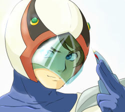 Rule 34 | 1boy, bad id, bad pixiv id, blue eyes, blue gloves, brown hair, closed mouth, gatchaman, gloves, hand up, helmet, ken the eagle, looking at viewer, male focus, retro artstyle, simple background, smile, solo, visor, weapon, white background