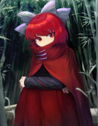 Rule 34 | 1girl, bamboo, bamboo forest, black shirt, blue bow, bow, cape, closed mouth, commentary, feet out of frame, forest, hair bow, head tilt, highres, hugging own legs, long sleeves, looking at viewer, medium hair, nature, nova (artist), red cape, red eyes, red hair, red skirt, sekibanki, shirt, sitting, skirt, smile, solo, touhou