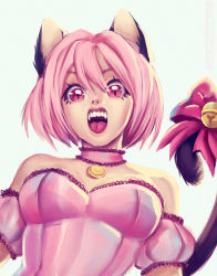 Rule 34 | 1girl, animal ears, bell, bow, cat ears, cat tail, choker, detached sleeves, eyebrows hidden by hair, fangs, from below, highres, medium hair, mew ichigo, momomiya ichigo, open mouth, pink choker, pink eyes, pink hair, short sleeves, skullchimes, solo, strapless, tail, tail bell, tail bow, tail ornament, teeth, tokyo mew mew, tongue, upper body