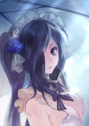 Rule 34 | 1girl, ahoge, black hair, blue flower, blue rose, bow, bowtie, breasts, brooch, bzerox, cleavage, closed mouth, detached collar, eyepatch, female focus, floral print, flower, frills, hair flower, hair ornament, hair over one eye, jewelry, large breasts, long hair, looking at viewer, maid headdress, original, purple eyes, purple hair, rain, rose, rose print, solo, strapless, swept bangs, transparent, transparent umbrella, umbrella, upper body, water