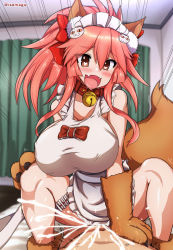 Rule 34 | 1boy, 1girl, :d, animal ear fluff, animal ears, animal hands, apron, blush, bow, breasts, brown eyes, cat ears, cat hair ornament, clothed sex, collar, cowgirl position, cum, cum in pussy, cum overflow, curtains, emphasis lines, fate/grand order, fate (series), female orgasm, girl on top, gloves, hair bow, hair ornament, heart, heart in eye, hetero, isemagu, large breasts, long hair, looking at viewer, open mouth, orgasm, paw gloves, pink hair, pov, raised eyebrows, red bow, red collar, sex, smile, squatting, straddling, symbol in eye, tail, tamamo (fate), tamamo cat (fate), trembling, vaginal, white apron