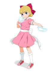 Rule 34 | 1girl, :&gt;, back bow, blonde hair, blue eyes, blunt bangs, bow, butakoma 300g, collared dress, commentary request, dress, energy ball, female focus, frilled socks, frills, full body, hand up, highres, kneehighs, looking at viewer, mother (game), mother 2, nintendo, orb, outstretched hand, paula (mother 2), pink dress, pink footwear, red bow, red footwear, red ribbon, ribbon, shoes, short hair, short sleeves, simple background, smile, sneakers, socks, solo, white background, white bow, white ribbon, white socks