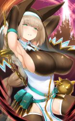 Rule 34 | 1girl, :d, armpits, arms behind head, arms up, bare shoulders, blue eyes, blush, bombergirl, breasts, brown hair, flail, halterneck, highres, huge breasts, long hair, looking at viewer, nun, open mouth, ribbed sweater, sepia belmont, smile, solo, sweater, unizou, weapon