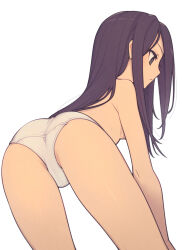 Rule 34 | 1girl, ass, bent over, black eyes, black hair, breasts, closed mouth, commentary, cowboy shot, everyntrge, from behind, long hair, looking down, no pants, original, paid reward available, panties, sidelocks, simple background, solo, topless, underwear, white background, white panties