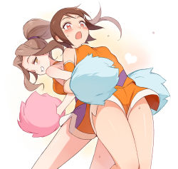 Rule 34 | 10s, 2girls, alternate costume, armband, back-to-back, blush, breasts, brown eyes, brown hair, cheerleader, digimon, digimon adventure tri., grin, hair ornament, hairclip, locked arms, long hair, multiple girls, open mouth, pom pom (cheerleading), ponytail, red eyes, shiny skin, short hair, shorts, simple background, small breasts, smile, sweatdrop, tachikawa mimi, ter (otokoter), thighs, white background, yagami hikari