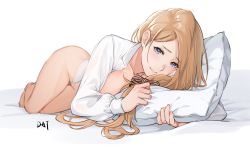 Rule 34 | 1girl, barefoot, black bow, blonde hair, blue eyes, bottomless, bow, commentary, da-cart, english commentary, fire emblem, fire emblem: three houses, groin, hair bow, highres, long hair, long sleeves, lying, mercedes von martritz, nintendo, hugging object, open clothes, open shirt, pillow, pillow hug, shirt, simple background, smile, solo, white background, white shirt