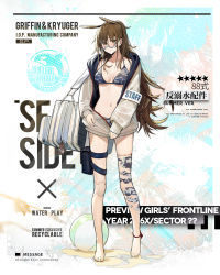 Rule 34 | 1girl, animal ears, anklet, armband, bag, ball, barefoot, beachball, bikini, blue-framed eyewear, blush, breasts, brown eyes, brown hair, camouflage, camouflage bikini, character name, closed mouth, collarbone, feet, full body, girls&#039; frontline, glasses, grey bikini, grey jacket, hair ornament, horse ears, jacket, jewelry, joints, long hair, mechanical legs, medium breasts, navel, nin (lion), official alternate costume, official art, pouch, robot joints, semi-rimless eyewear, shoulder bag, sidelocks, solo, standing, stomach, swimsuit, thigh strap, toes, type 88 (anti-drowning accessories) (girls&#039; frontline), type 88 (girls&#039; frontline), under-rim eyewear, unzipped, weapon bag