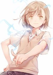 Rule 34 | 1girl, bad id, bad twitter id, black skirt, brown hair, collared shirt, cowboy shot, dsmile, electricity, electrokinesis, flower, from below, hair flower, hair ornament, hand on own hip, looking at viewer, looking down, misaka mikoto, shirt, short hair, short sleeves, simple background, skirt, solo, sweater vest, tareme, toaru majutsu no index, white background, white shirt, wing collar, yellow eyes
