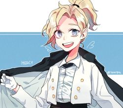 Rule 34 | 1girl, :d, black coat, black skirt, blonde hair, blue eyes, buttons, character name, coat, collared shirt, cropped jacket, dress shirt, hair ornament, hair tie, ieru1826, jacket, looking at viewer, mercy (overwatch), open clothes, open jacket, open mouth, overwatch, overwatch 1, ponytail, shirt, skirt, smile, solo, teeth, twitter username, white jacket, white shirt