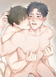 Rule 34 | 2boys, anal, black hair, blush, cheek-to-cheek, collarbone, commentary, completely nude, couple, dripping, earrings, english commentary, erection, eye contact, face-to-face, grey hair, half-closed eyes, hands up, heads together, hickey, highres, hoop earrings, j dongseng, jewelry, kneeling, lips, looking at another, male focus, male penetrated, multiple boys, navel, nipple stimulation, nipple tweak, nipples, nude, original, parted bangs, parted lips, pectorals, penis, sex, sex from behind, short hair, steaming body, sweat, testicles, uncensored, yaoi