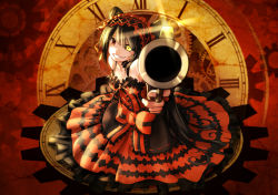 Rule 34 | 10s, 1girl, aiming, aiming at viewer, bare shoulders, black hair, breasts, cleavage, clock eyes, crazy, date a live, dress, gears, gothic lolita, grin, gun, hairband, heterochromia, highres, lolita fashion, lolita hairband, long hair, long skirt, looking at viewer, qys3, red eyes, ribbon, skirt, small breasts, smile, solo, symbol-shaped pupils, tokisaki kurumi, twintails, weapon, yellow eyes