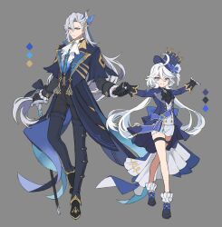 Rule 34 | 1boy, 1girl, absurdres, ascot, black ascot, black gloves, blue hair, blue headwear, boots, cane, coat, commentary, frills, full body, furina (genshin impact), genshin impact, gloves, grey background, grey hair, hair between eyes, hair ornament, hat, highres, holding, holding cane, holding hands, long hair, long sleeves, looking at viewer, multicolored hair, neuvillette (genshin impact), pants, papajay (jennygin2), simple background, standing, symbol-only commentary, thigh strap, top hat, very long hair, white hair