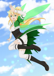 Rule 34 | 1girl, artist request, ass, blonde hair, boots, bracelet, braid, breasts, cleavage, elf, fairy wings, flying, green eyes, hair ornament, highres, jewelry, leafa, long hair, looking at viewer, open mouth, pointy ears, ponytail, shorts, smile, solo, sword art online, thighhighs, wings