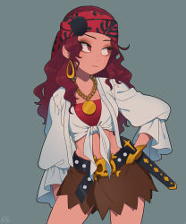 Rule 34 | 1girl, arm at side, artist name, black skirt, breasts, chain necklace, chain, closed mouth, contrapposto, cowboy shot, disney, disneyland, earrings, front-tie top, frown, headdress, hock, jewelry, kiri futoshi, legs apart, long sleeves, looking away, looking to the side, medium breasts, midriff, miniskirt, necklace, pirate, red eyes, red hair, sheath, sheathed, shirt, signature, simple background, skirt, skull and crossbones, solo, standing, stomach, sword, tied shirt, wavy hair, weapon, wide sleeves