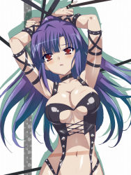 Rule 34 | 10s, 1girl, arm strap, arms behind head, arms up, bdsm, blush, bondage, bound, breasts, bustier, choker, cleavage, cube x cursed x curious, female focus, jet yowatari, long hair, looking at viewer, navel, open mouth, purple hair, red eyes, silhouette, solo, spikes, sweat, ueno kirika