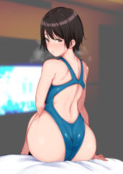 Rule 34 | 1girl, alp, arm at side, ass, back, black hair, blue one-piece swimsuit, blurry, blush, breath, brown eyes, commentary, competition swimsuit, copyright request, depth of field, from behind, highleg, highleg swimsuit, highres, impossible clothes, impossible swimsuit, indoors, looking at viewer, looking back, one-piece swimsuit, parted lips, short hair, sitting, solo, sweat, swimsuit