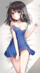 Rule 34 | 1girl, absurdres, aro 1801, artist name, bang dream!, bare shoulders, black hair, blue dress, blush, breasts, cleavage, collarbone, commentary request, dress, frown, grey eyes, hair ornament, hairclip, highres, long hair, looking at viewer, lying, medium breasts, no panties, okusawa misaki, on back, shaded face, smile, solo