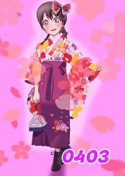 Rule 34 | 1girl, alternate hairstyle, aqua eyes, artist name, artist request, blue eyes, blush, boots, bow, breasts, brown footwear, brown hair, cross-laced footwear, female focus, floral print, flower print, full body, hair between eyes, hair bow, hakama, hakama skirt, highres, holding, japanese clothes, kimono, long hair, long sleeves, looking at viewer, love live!, love live! nijigasaki high school idol club, osaka shizuku, parted lips, pink background, purple hakama, red bow, skirt, small breasts, smile, solo, white kimono, wide sleeves