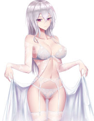 Rule 34 | 1girl, babydoll lift, bare shoulders, blush, breasts, cleavage, collarbone, commentary request, cowboy shot, elbow gloves, garter belt, gloves, hair between eyes, highres, liangfen, lingerie, long hair, looking at viewer, medium breasts, navel, original, panties, purple eyes, see-through, silver hair, simple background, solo, stomach, straight hair, thighhighs, tsurime, underwear, underwear only, white background, white gloves, white panties, white thighhighs