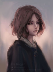 Rule 34 | 1girl, angel (halfheartxi), black cloak, brown eyes, brown hair, cloak, commentary, elden ring, english commentary, highres, lips, looking at viewer, melina (elden ring), nose, one-eyed, scar, scar across eye, scar on face, short hair, sketch, solo, upper body