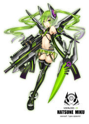 Rule 34 | 1girl, alternate costume, alternate hair color, black thighhighs, dual wielding, female focus, gauntlets, gia, green eyes, green hair, gun, hatsune miku, hatsune miku (append), highres, holding, long hair, looking at viewer, matching hair/eyes, mechanical wings, midriff, navel, open mouth, solo, sword, thighhighs, twintails, very long hair, vocaloid, vocaloid append, weapon, wings