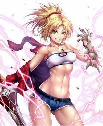 Rule 34 | 1girl, abs, bandeau, blonde hair, braid, breasts, clarent (fate), cleavage, commentary request, cutoffs, denim, denim shorts, fate/apocrypha, fate (series), french braid, green eyes, grin, hair ornament, hair scrunchie, highres, jewelry, long hair, looking at viewer, md5 mismatch, medium breasts, micro shorts, midriff, mordred (fate), mordred (fate/apocrypha), mordred (memories at trifas) (fate), nasaniliu, navel, necklace, ponytail, resolution mismatch, scrunchie, shorts, simple background, smile, solo, source smaller, standing, teeth, white background