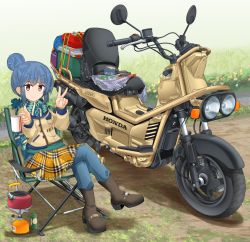 Rule 34 | 1girl, backpacking stove, black footwear, blue hair, blue pants, boots, brown coat, camping, camping chair, chair, closed mouth, coat, coffee mug, crossed legs, cup, day, denim, fringe trim, grass, green scarf, hair bun, highres, holding, holding cup, honda, honda ps250, jeans, kettle, logo, long sleeves, looking at viewer, mikeran (mikelan), motor vehicle, mug, orange skirt, outdoors, pants, pants under skirt, plaid, plaid skirt, portable stove, propane tank, purple eyes, scarf, scooter, shadow, shima rin, short hair, single hair bun, sitting, skirt, smile, solo, thermometer, v, winter clothes, yurucamp