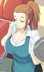 Rule 34 | 1girl, apron, blue apron, breasts, brown hair, cleavage, collared shirt, diner dash, flo (diner dash), green eyes, half-closed eyes, highres, holding, holding tray, indoors, large breasts, ponytail, shirt, tray, tyrone, white shirt, wiping face