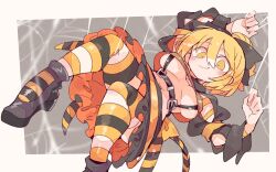 Rule 34 | 1girl, alternate costume, arthropod girl, blonde hair, breasts, highres, insect girl, kurodani yamame, massakasama, medium breasts, solo, spider girl, striped clothes, striped thighhighs, thighhighs, touhou, underboob, yellow eyes