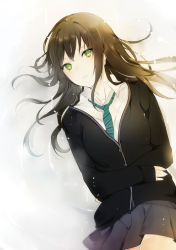 Rule 34 | 10s, 1girl, bad id, bad pixiv id, brown hair, cardigan, dress shirt, earrings, green eyes, idolmaster, idolmaster cinderella girls, jewelry, long hair, looking at viewer, lpip, lying, necklace, necktie, on back, open mouth, parted lips, school uniform, shibuya rin, shirt, skirt, solo, water