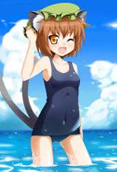 Rule 34 | 1girl, animal ears, bad id, bad pixiv id, brown hair, cat ears, cat girl, cat tail, chen, cloud, covered navel, day, fang, female focus, hand on headwear, hat, multiple tails, navel, ocean, one-piece swimsuit, one eye closed, open mouth, orange eyes, school swimsuit, short hair, sky, solo, swimsuit, tail, tks (526tks), touhou, wading, water, yellow eyes
