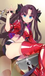 1girl blue_eyes blush boots breasts brown_hair choker fate/stay_night fate_(series) flag highres long_hair medium_breasts negi_(ulog&#039;be) official_alternate_costume open_clothes open_shirt race_queen red_boots red_thighhighs short_shorts shorts smile solo sword thigh_boots thighhighs tohsaka_rin tohsaka_rin_(type-moon_racing) twintails two_side_up weapon