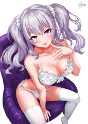 Rule 34 | 1girl, artist name, blue eyes, blush, bra, breasts, chair, cleavage, collarbone, finger to mouth, frilled bra, frills, from above, hand on own chest, highres, kantai collection, kashima (kancolle), large breasts, long hair, looking at viewer, looking up, panties, parted lips, sakiyamama, side-tie panties, silver hair, simple background, sitting, solo, thighhighs, twintails, underwear, white bra, white thighhighs