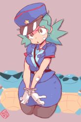 Rule 34 | 1girl, aqua hair, bandages, belt, black pantyhose, blue headwear, blue shirt, blue skirt, blush, breasts, brown eyes, closed mouth, commentary request, creatures (company), cropped legs, cuffs, female focus, game freak, gen 1 pokemon, gloves, hair tie, handcuffs, happy, hat, jenny (pokemon), jpeg artifacts, light blush, medium breasts, miniskirt, nintendo, open mouth, pantyhose, pencil skirt, pokemon, pokemon (anime), pokemon (classic anime), pokemon (creature), police, police hat, police uniform, policewoman, shirt, short hair, short sleeves, simple background, skirt, smile, solo focus, squirtle, squirtle squad, standing, star (symbol), starmilk, sunglasses, triangular eyewear, uniform, white gloves