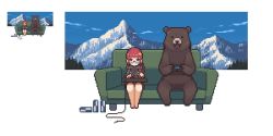 Rule 34 | 1girl, animal, animated, arcade stick, bear, black hoodie, can, controller, couch, dualshock, game controller, gamepad, glasses, hood, hoodie, joystick, looping animation, mountain, omunikin, original, pixel art, playing games, playstation controller, red bull, red hair, sitting, video