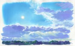 Rule 34 | blue sky, border, cloud, day, highres, no humans, original, outdoors, painting (medium), sawitou mizuki, sky, sun, traditional media, white border