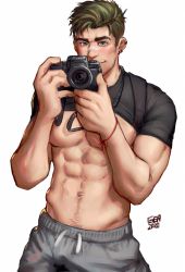 Rule 34 | 1boy, abs, bandaid, bandaid on face, bandaid on nose, bara, black shirt, brown hair, camera, closed mouth, clothes lift, ear piercing, earrings, facial hair, greenteaa, grey pants, highres, holding, holding camera, jewelry, large pectorals, looking at viewer, male focus, muscular, muscular male, navel, original, pants, pectorals, piercing, shirt, shirt lift, short hair, sideburns, smile, solo, white background