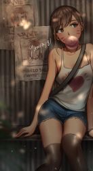 Rule 34 | 1boy, 1girl, arms at sides, artist name, bench, bracelet, brown eyes, brown hair, brown thighhighs, blowing bubbles, casual, chewing gum, collarbone, cowboy shot, d.va (overwatch), dappled sunlight, denim, denim shorts, facepaint, facial mark, facing viewer, flat chest, head tilt, heart, highres, jewelry, long hair, looking away, looking to the side, on bench, outdoors, overwatch, overwatch 1, poster (object), print shirt, shirt, short shorts, shorts, sideways glance, signature, sitting, sleeveless, solo, solo focus, sunlight, tank top, thighhighs, wanted, whisker markings, white shirt, yuuya181
