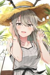 Rule 34 | 1girl, :d, absurdres, alternate hairstyle, antlers, arknights, bag, bare shoulders, blush, breasts, chinese commentary, collarbone, day, deer antlers, deer girl, firewatch (arknights), flower, grey eyes, grey hair, hair between eyes, tucking hair, hands up, hat, highres, holding, holding bag, horns, impossible hat, lily of the valley, long hair, looking at viewer, mango (mgo), open mouth, outdoors, sidelocks, small breasts, smile, solo, straw hat, sun hat, tank top, upper body