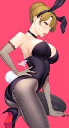 Rule 34 | 1girl, animal ears, armpits, black footwear, braid, braided bun, breasts, brown hair, cherry, choker, cocktail glass, cup, drinking glass, elbow gloves, fake animal ears, fishnet gloves, fishnet pantyhose, fishnets, food, food in mouth, fruit, giuniu, gloves, hair bun, hand on own hip, high heels, highres, katsuragi ayako, lace, lace trim, large breasts, leotard, light brown hair, mature female, mouth hold, musume janakute mama ga suki nano!?, nail polish, official art, on one knee, one eye closed, open mouth, pantyhose, playboy bunny, purple eyes, rabbit ears, rabbit tail, red background, red nails, second-party source, shoes, sideboob, simple background, single hair bun, tail