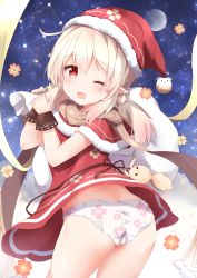 Rule 34 | 1girl, ass, black ribbon, blonde hair, blush, capelet, child, christmas, clover, collar, commentary, cowboy shot, dress, floral print, four-leaf clover, fur-trimmed collar, fur-trimmed headwear, fur trim, genshin impact, hat, highres, holding, holding sack, klee (genshin impact), looking at viewer, moon, night, night sky, one eye closed, open mouth, panties, pointy ears, pom pom (clothes), red capelet, red dress, red eyes, red hat, ribbon, sack, santa costume, santa hat, short twintails, sky, sleeveless, solo, standing, star (sky), starry sky, tutsucha illust, twintails, underwear, white panties, wrist cuffs