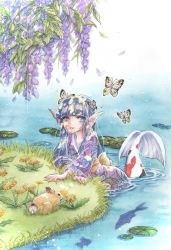 Rule 34 | 1girl, absurdres, blue hair, blunt bangs, bug, butterfly, closed mouth, day, fins, fish, floral print, flower, flower request, head fins, highres, insect, japanese clothes, kimono, lily pad, long sleeves, looking at viewer, mermaid, monster girl, orange flower, original, outdoors, painting (medium), petals, print kimono, purple flower, purple kimono, rabbit, solo, tpamjdsta (usatokurasu), traditional media, water, watercolor (medium), webbed hands, wisteria, yellow butterfly